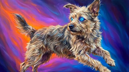 Naklejka premium A dog expresses excitement with eyes concept. A playful dog leaps against a vibrant, colorful backdrop.