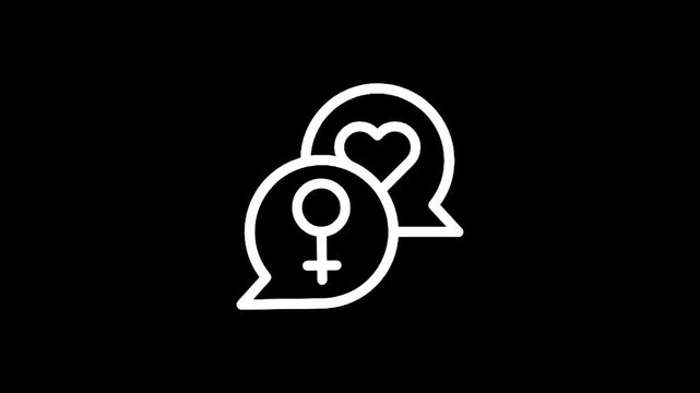Two speech bubbles, one with female symbol, another with heart, on black background