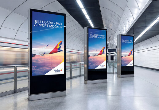 Three Billboard Screens In White Subway Underground Mockup