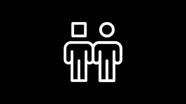 Two stylized figures, one with a square head and one with a round head, stand side by side