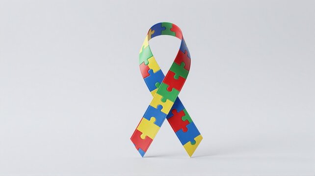 Puzzle ribbon symbolizes neurodiversity and mental health on white