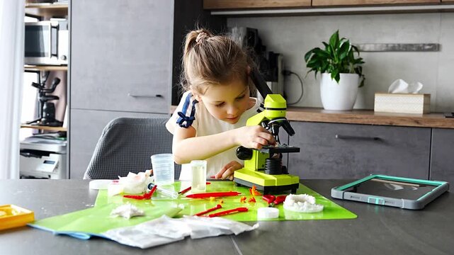 Young girl studying crystal structure through microscope during home science experiment with growing crystals kit. Early STEM education and curiosity driven scientific exploration at home.