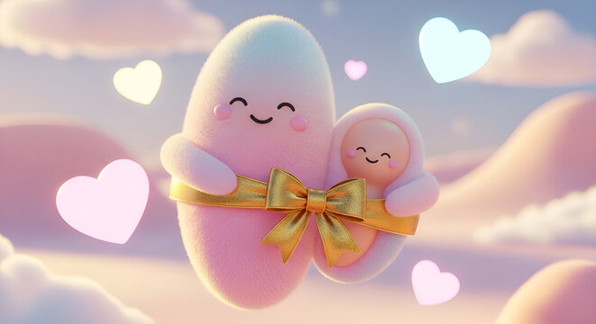Cute 3D characters symbolizing cerclage and pregnancy protection