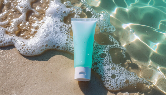 夏のビーチ広告に生命感を吹き込む、白い波しぶきとミントグリーンの化粧品容器のイメージ