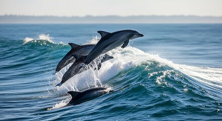 Fototapeta premium Two dolphins leaping over ocean waves in bright daylight