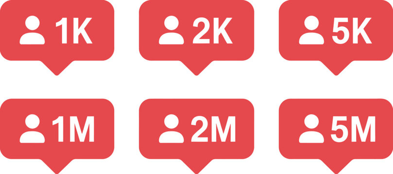 Follower count icons with red notification badges displaying K and M metrics, social media engagement symbols, modern flat vector design for apps dashboards analytics and digital interface elements.