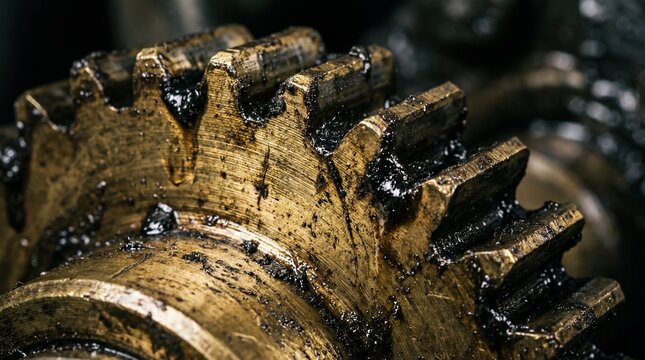 Close up view of dirty industrial metal gear mechanism showing weathered brass teeth and thick lubricant grease residue captured in a detailed mechanical engineering