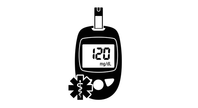Black and white illustration of a diabetes blood sugar meter displaying a reading of 120 mgdL with a medical symbol, isolated on a white background
