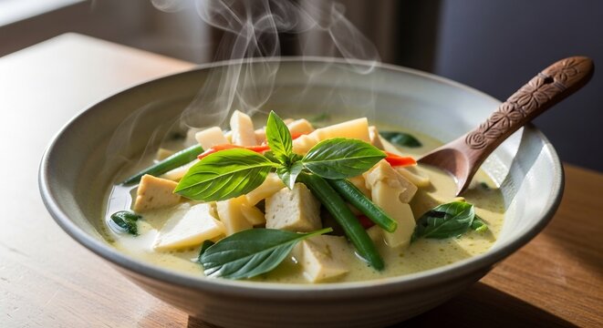 Steaming Bowl of Authentic Thai Green Curry with Chicken and Fresh Basil.