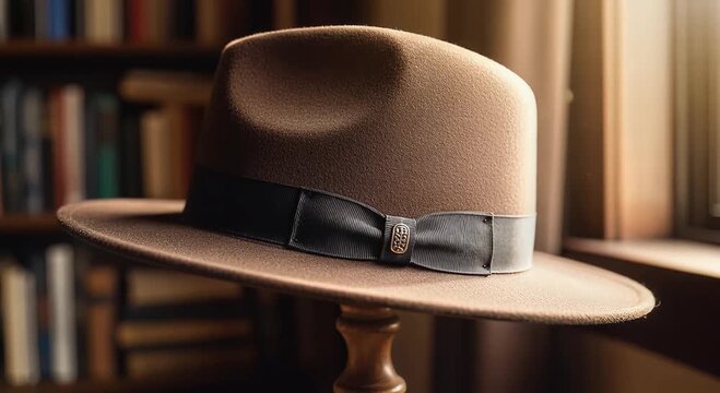 brown fedora hat on wooden pedestal in warm sunlit study room