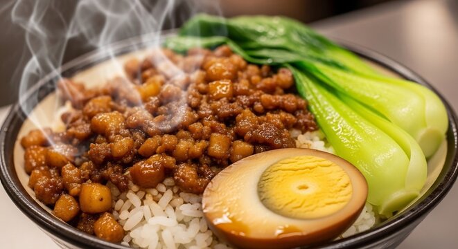Steaming Bowl of Taiwanese Braised Pork Rice with Bok Choy and Egg.