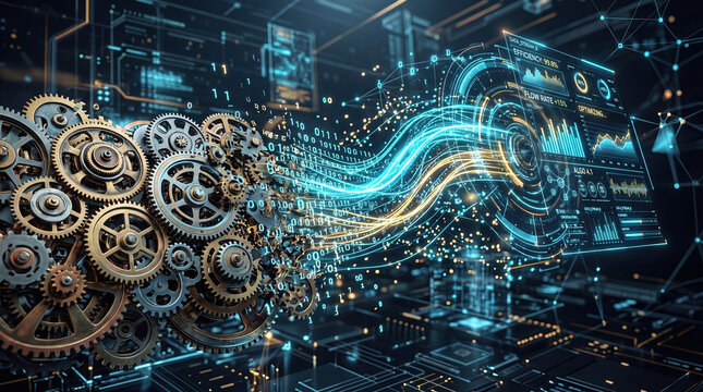 Continuous productivity optimization innovation concept. Futuristic digital technology with gears and data streams visualized.