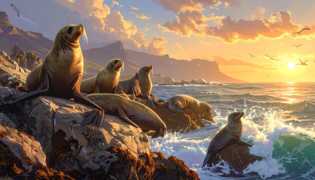 A serene seascape with a group of seals on rocks during sunset