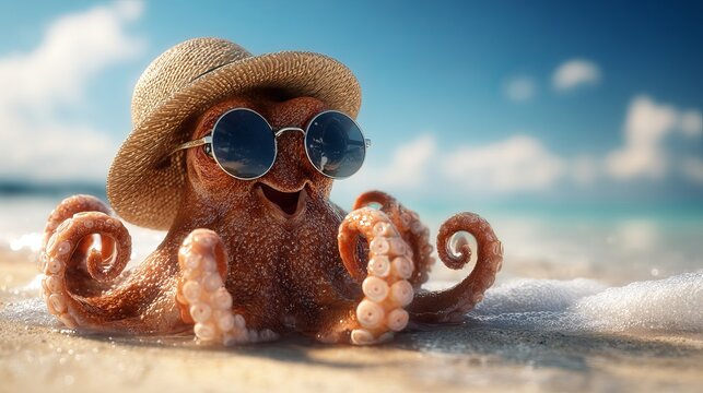 A smiling octopus wearing sunglasses and a hat on a sunny beach day