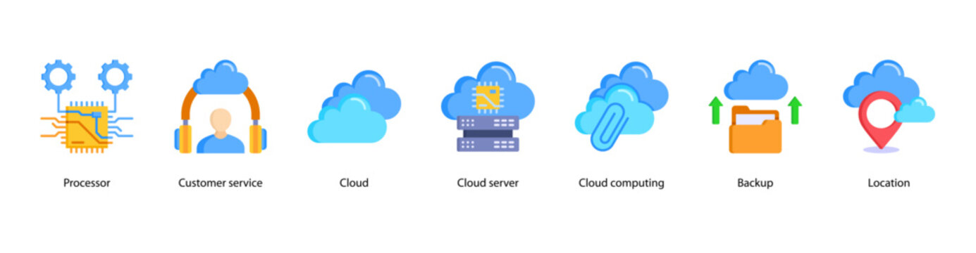 Enterprise Cloud web banner icon vector illustration featuring Processor, Customer Service, Cloud, Cloud Server, Cloud Computing, Backup, and Location.