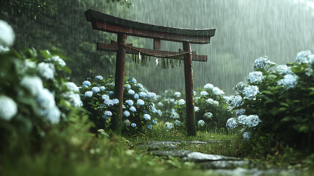 Serene Japanese Torii Gate Surrounded by Blue Hydrangeas in a Rainy Garden Setting