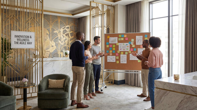 Art deco luxurious spa environment agile teamwork concept. Team brainstorming in a modern office space with a presentation board.