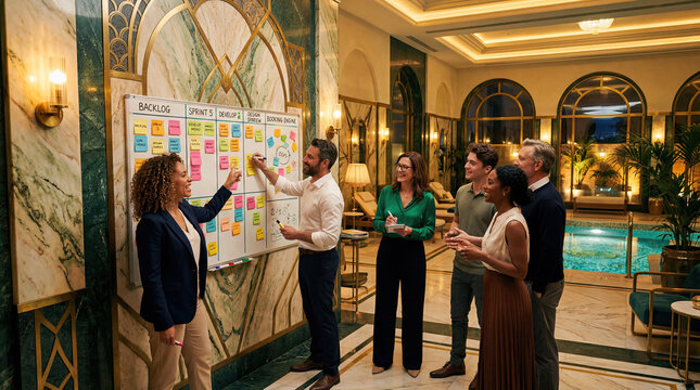 Art deco luxurious spa environment agile teamwork concept. Team collaborates in a stylish meeting space with brainstorming.