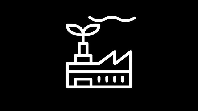 Green factory icon with plant growing from chimney and smoke, symbolizing eco-friendly industry