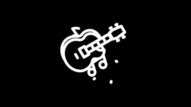 Simple white line art icon of an electric guitar with musical notes on a black background