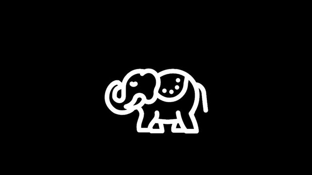 Stylized white line art elephant spraying water on a black background