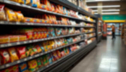 Fototapeta premium Blurry image of aisles displaying shelves of snacks such as cookies, biscuits, nuts and other snacks in a supermarket