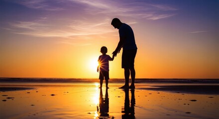 Fototapeta premium Touching father s day moment silhouette of father and son walking on beach at sunset