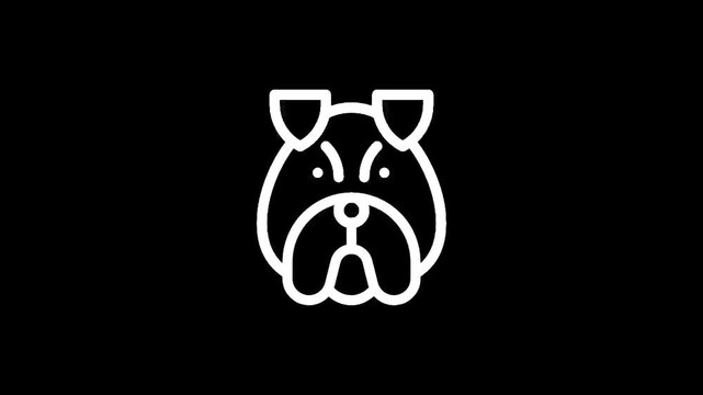 Simple white line art icon of a bulldog's face on a black background
