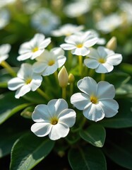 Fototapeta premium White impatiens flowers bloom with yellow centers. Green leaves surround delicate petals. Budding flower shows new life. Nature detail in bright garden setting.