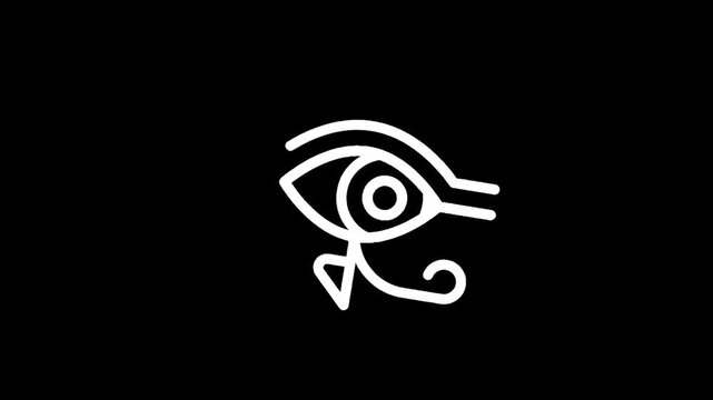 Minimalist white Eye of Horus symbol on a stark black background, ancient Egyptian icon