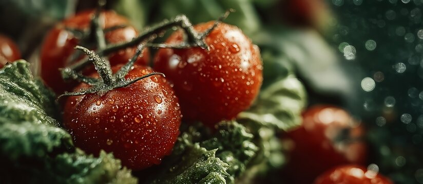 Fresh tomatoes with drops of dew. Illustration on the theme of food and products, plants, and nutrition.