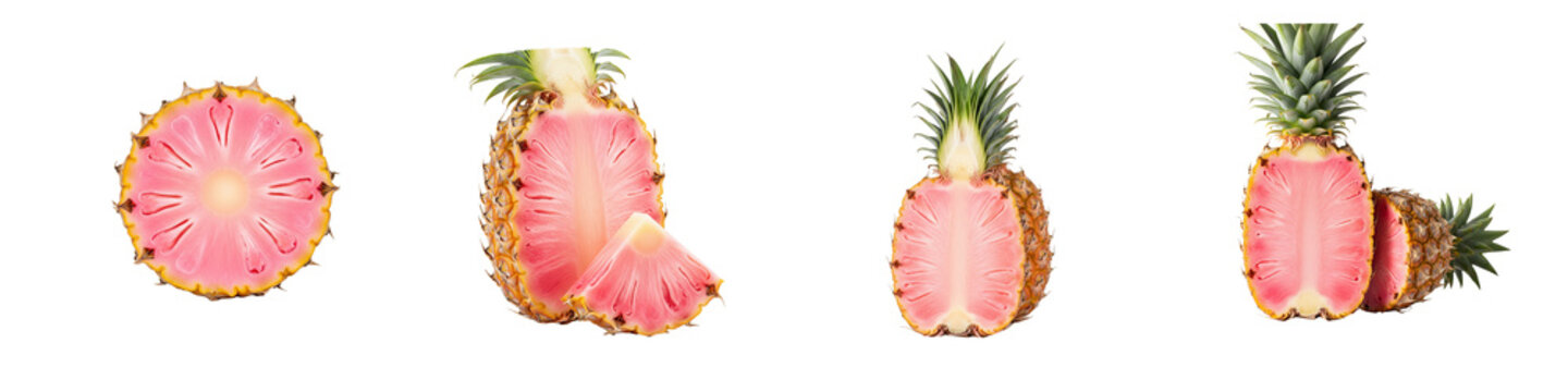 Collection of fresh pink pineapple fruit slices isolated on black background