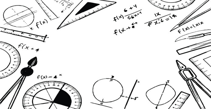 Hand Drawn Geometry Tools and Math Sketch Pattern, School Supplies Seamless Background, Ruler Compass Protractor Doodle Elements on Transparent PNG
