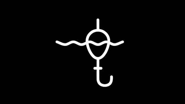 Simple white fishing float and hook icon on a black background