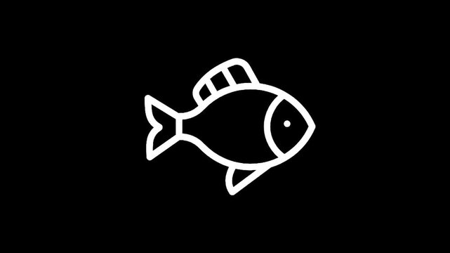Simple white fish icon on a black background, minimalist design for aquatic themes