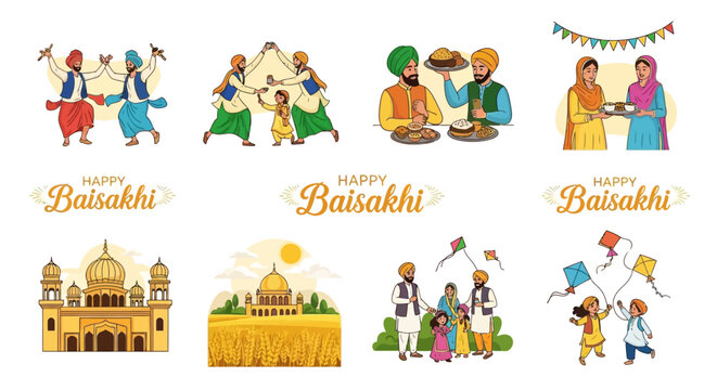 A bright, festive illustration showcasing a traditional Punjabi harvest festival celebration with scenes of dancing, sharing food, visiting the temple, and flying kites, all set