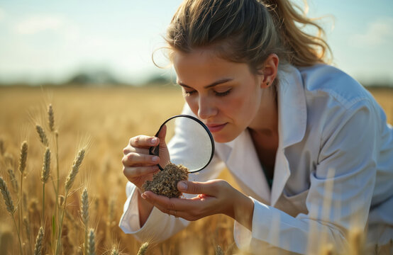Scientist examines wheat soil sample with magnifying glass in field. Woman wears lab coat for agricultural research and analysis of crop health and grain quality.