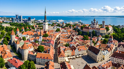 Naklejka premium Aerial view of Tallinn's historic Old Town with red rooftops and modern skyline in background