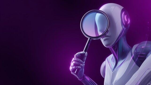 A futuristic AI character using a magnifying glass to explore and analyze its surroundings demonstrating innovation and technology in a colorful digital world. Generative AI
