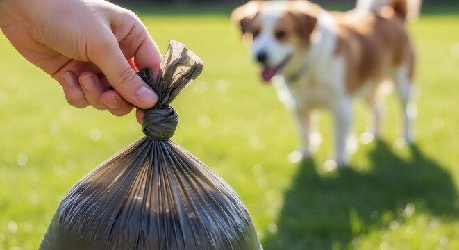 Hand holding a tied garbage bag with dog's poop playing on grass  