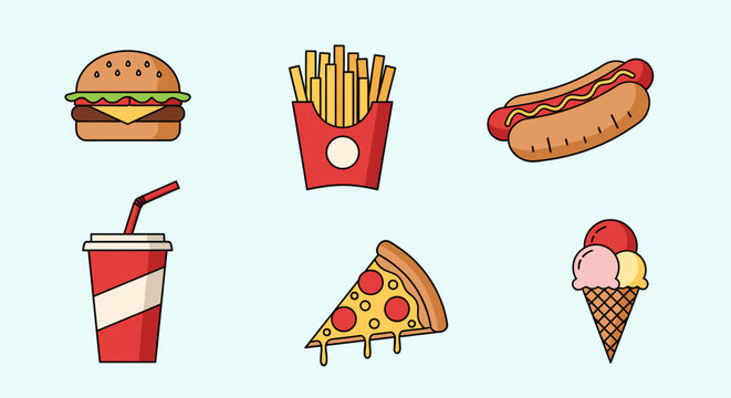 A collection of cartoon-style fast food items including a hamburger, french fries, hot dog, soda, pizza slice, and ice cream cone.