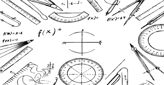 Hand Drawn Geometry Tools and Math Sketch Pattern, School Supplies Seamless Background, Ruler Compass Protractor Doodle Elements on Transparent PNG