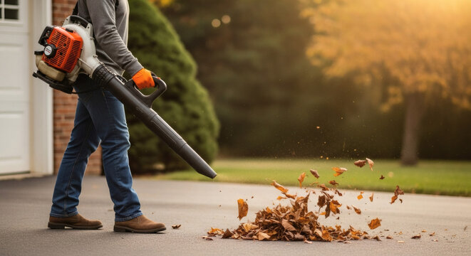 Man using a leaf blower to clear leaves from driveway in autumn  