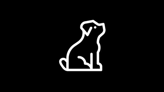 Simple white line art icon of a dog sitting and looking up against a black background