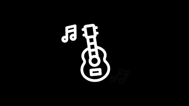 Simple white line art icon of a ukulele with musical notes on a black background