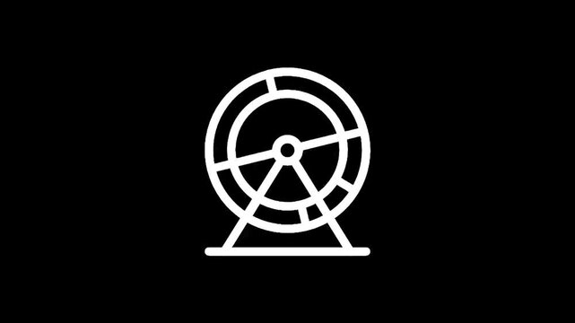 Simple white line drawing of a hamster wheel on a black background