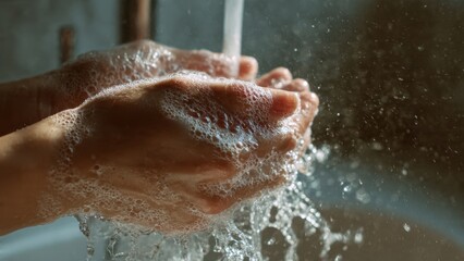 Fototapeta premium Close-up of a person washing their hands thoroughly with soap and running water, creating abundant suds for effective hygiene and germ prevention.