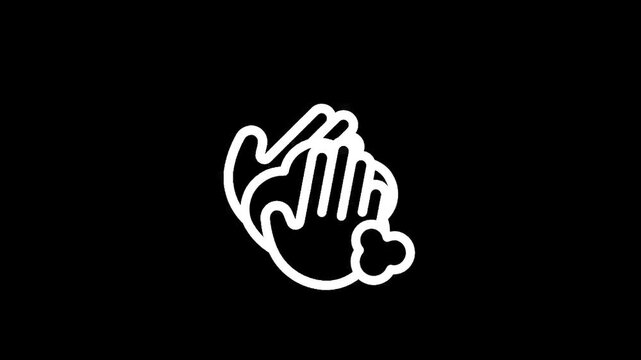 White line art icon of hands washing with soap bubbles on a black background