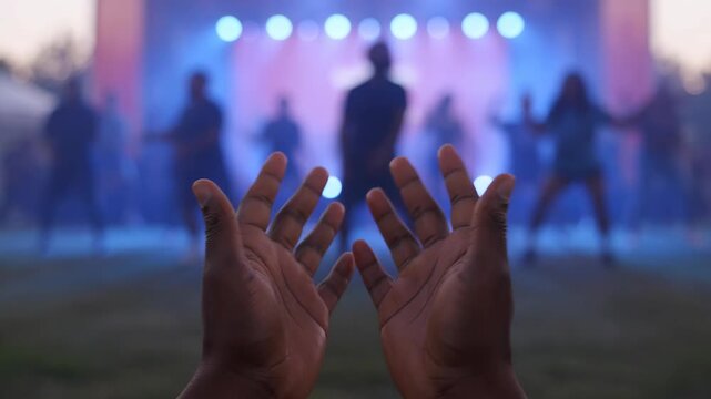 Abstract Silhouette of Dancers Performing on Stage During Juneteenth Celebration Event with Colorful Lights