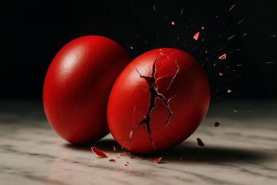 Red egg cracking shell with flying fragments on marble surface closeup